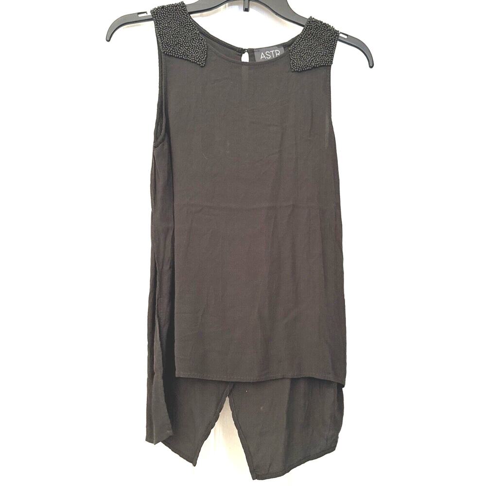 ASTR Sleeveless Black/Dark Gray Embellished Shoulder Hi/Lo Top Side slit Boho XS